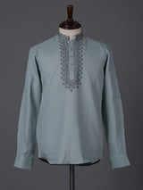 Light blue linen embroidered short pathani festive kurta
