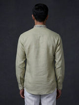 Beige linen embroidered short pathani festive kurta