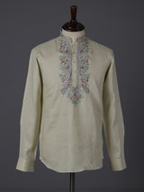 Beige linen embroidered short pathani festive kurta