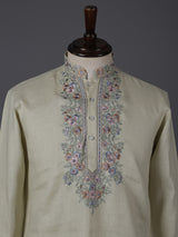 Beige linen embroidered short pathani festive kurta