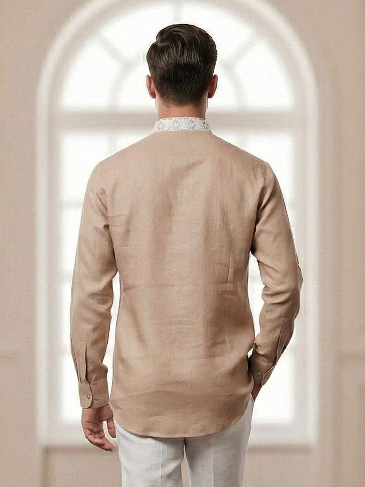Beige linen thread work short pathani festive kurta