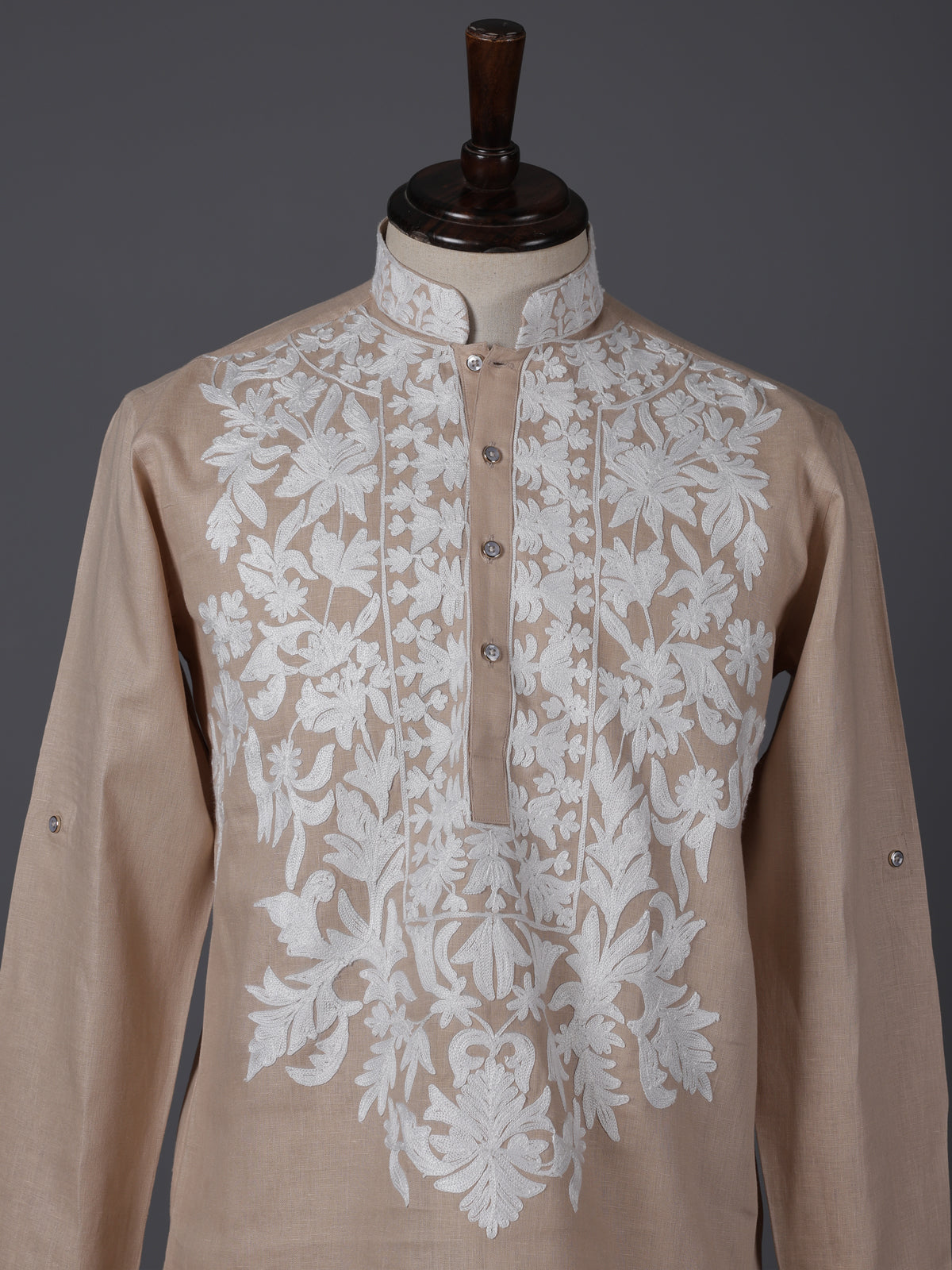 Beige linen thread work short pathani festive kurta