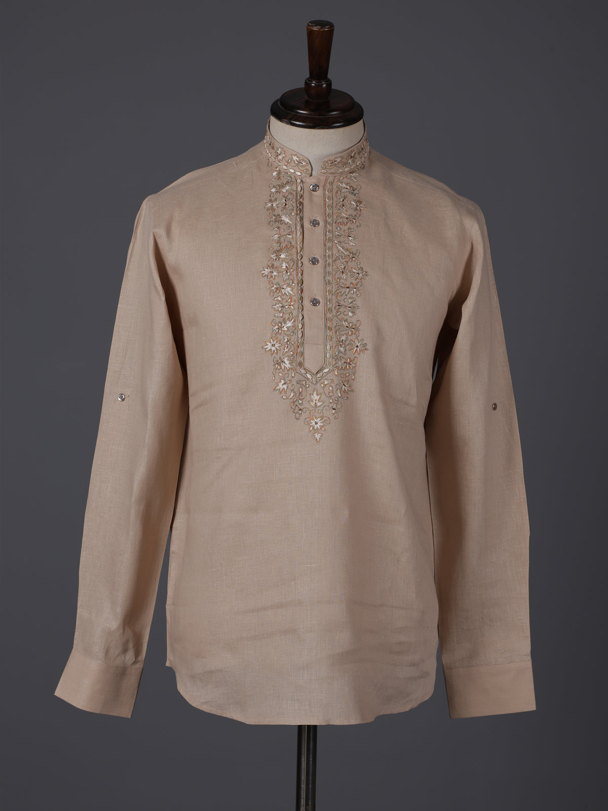 Peach linen embroidered short pathani festive kurta
