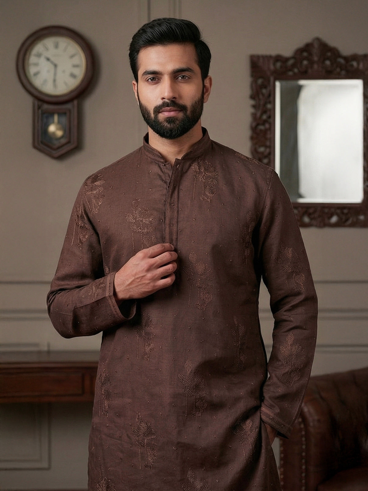 Coffee brown cotton linen embroidered festive kurta suit