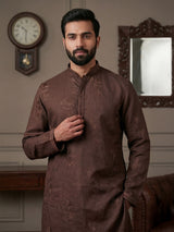 Coffee brown cotton linen embroidered festive kurta suit