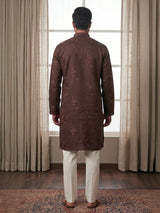 Coffee brown cotton linen embroidered festive kurta suit
