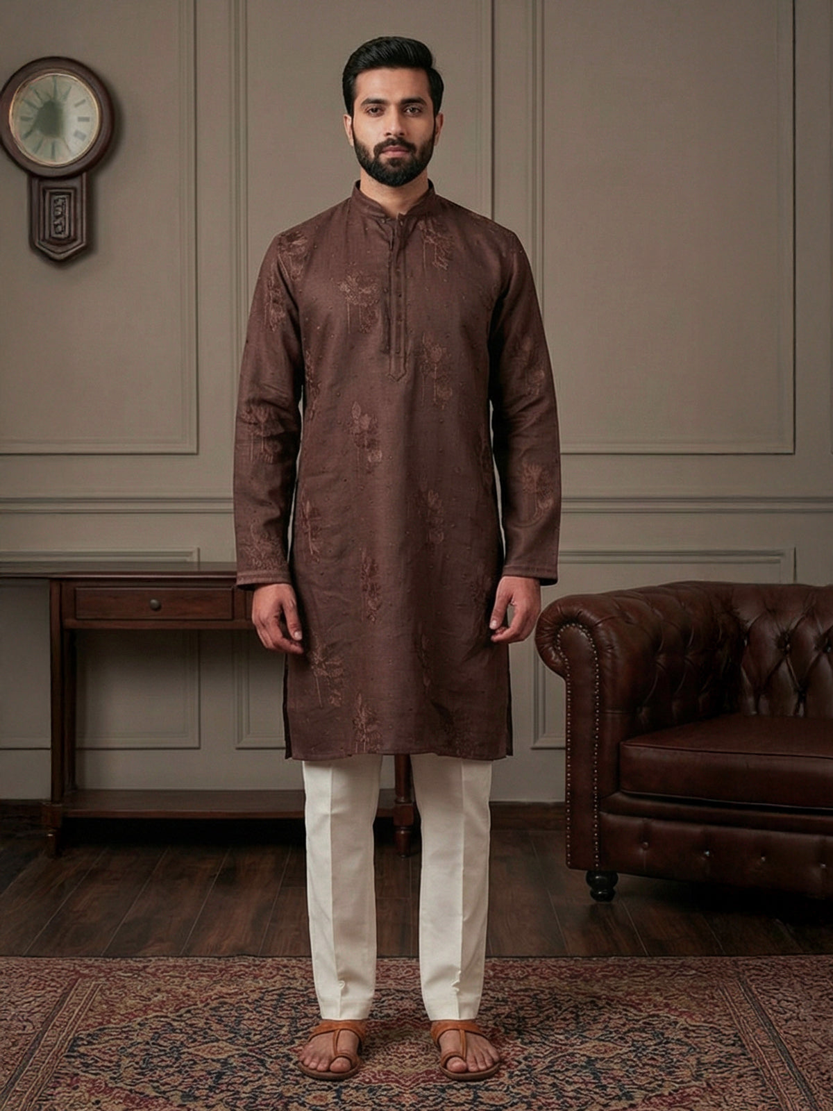 Coffee brown cotton linen embroidered festive kurta suit