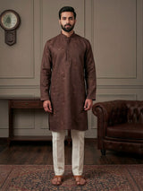 Coffee brown cotton linen embroidered festive kurta suit