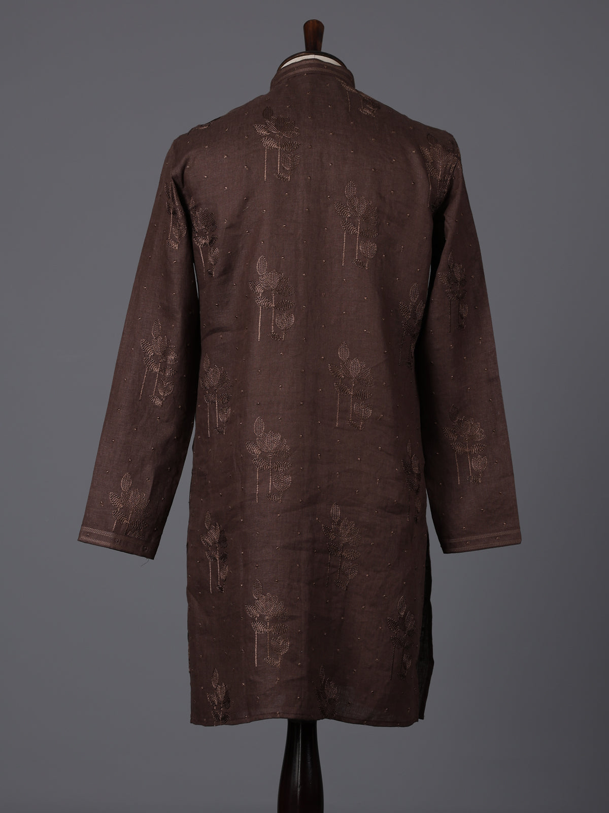 Coffee brown cotton linen embroidered festive kurta suit