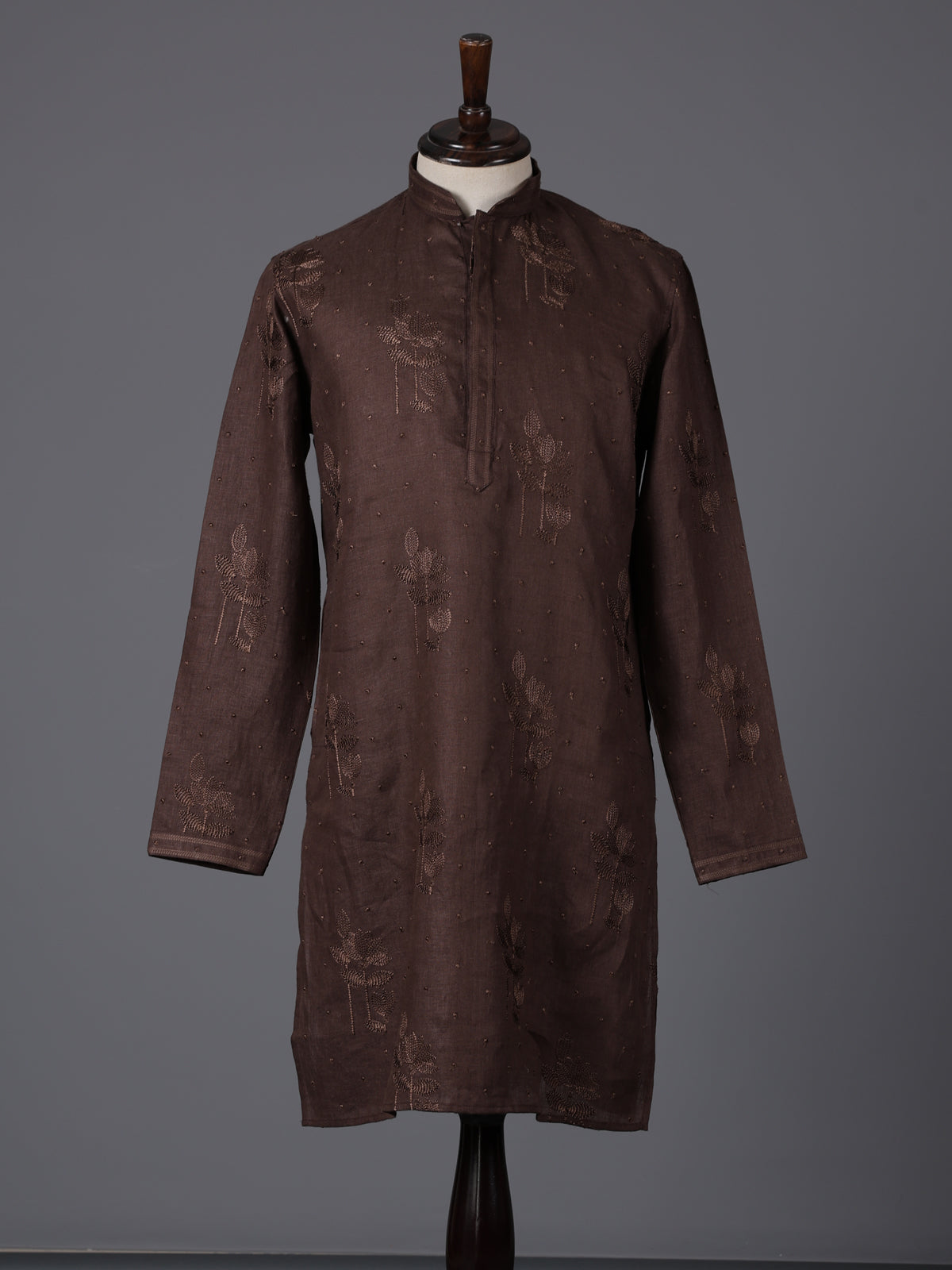 Coffee brown cotton linen embroidered festive kurta suit