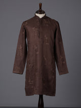 Coffee brown cotton linen embroidered festive kurta suit