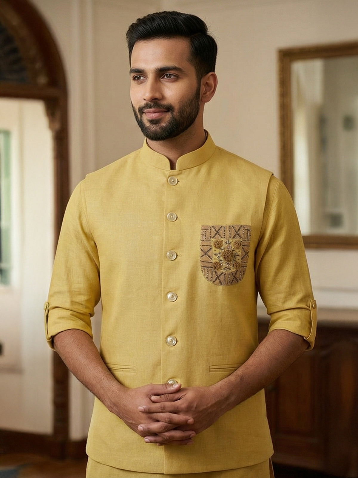 Yellow cotton blend embellished festive waistcoat set