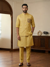 Yellow cotton blend embellished festive waistcoat set