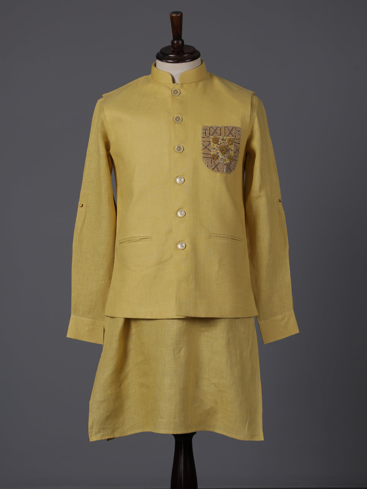 Yellow cotton blend embellished festive waistcoat set