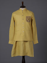 Yellow cotton blend embellished festive waistcoat set