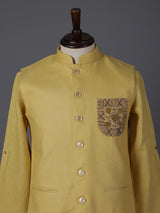 Yellow cotton blend embellished festive waistcoat set