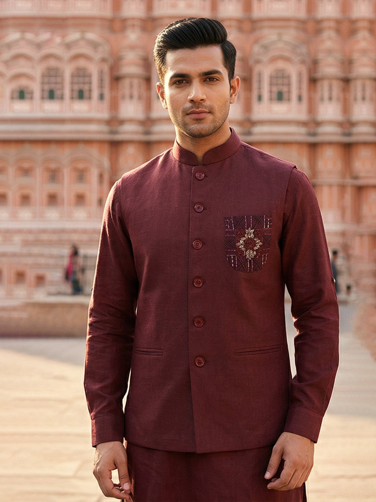 Wine cotton blend embellished festive waistcoat set