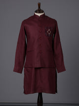Wine cotton blend embellished festive waistcoat set