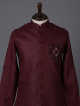 Wine cotton blend embellished festive waistcoat set