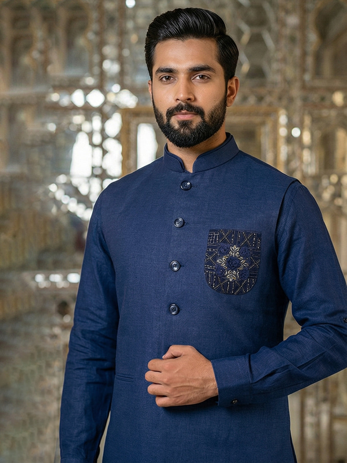 Blue cotton blend embellished festive waistcoat set