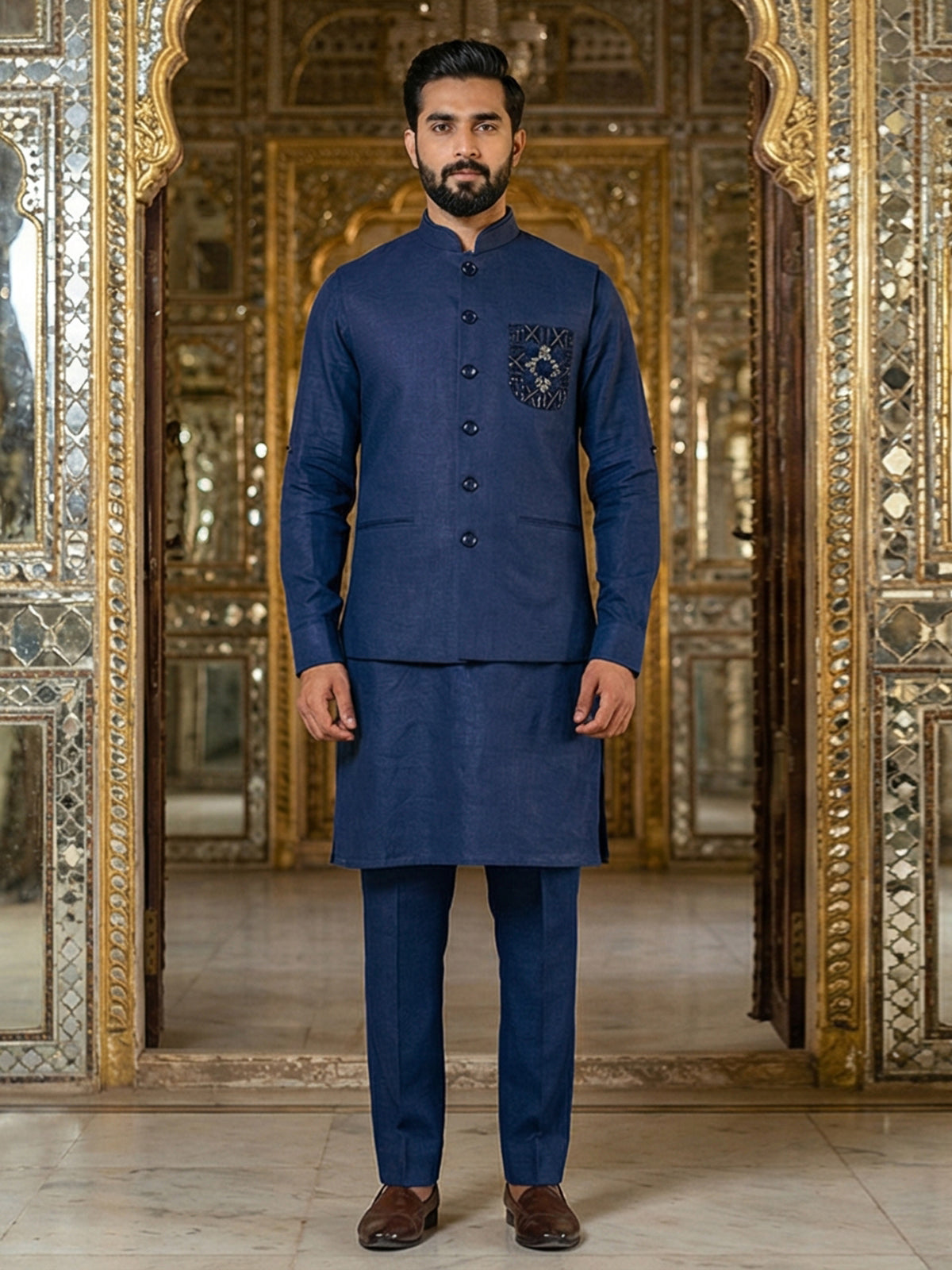 Blue cotton blend embellished festive waistcoat set