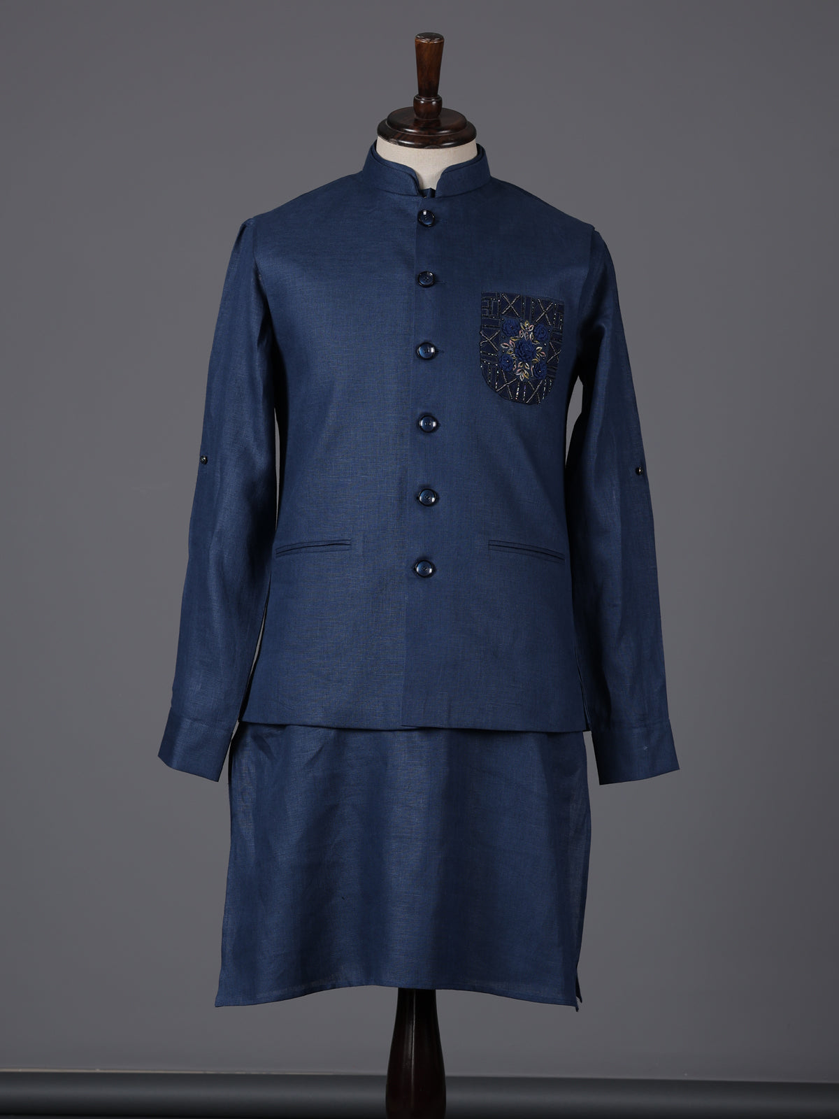Blue cotton blend embellished festive waistcoat set