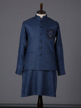 Blue cotton blend embellished festive waistcoat set