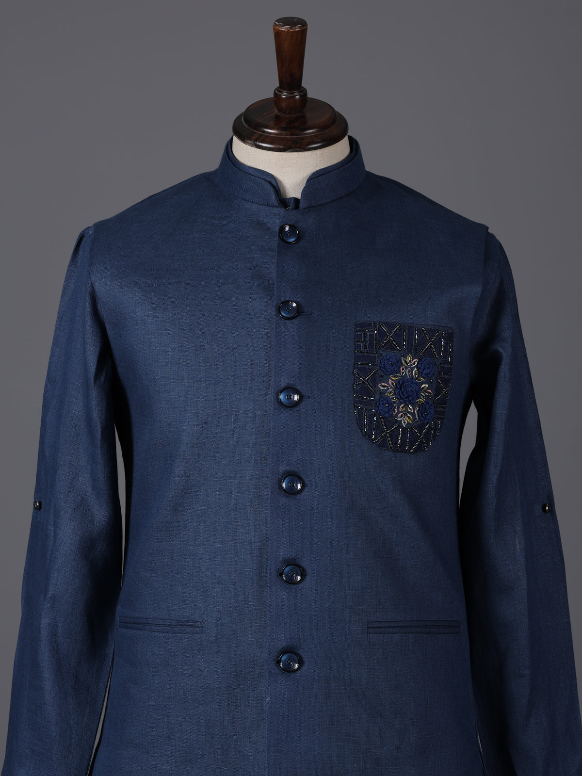 Blue cotton blend embellished festive waistcoat set