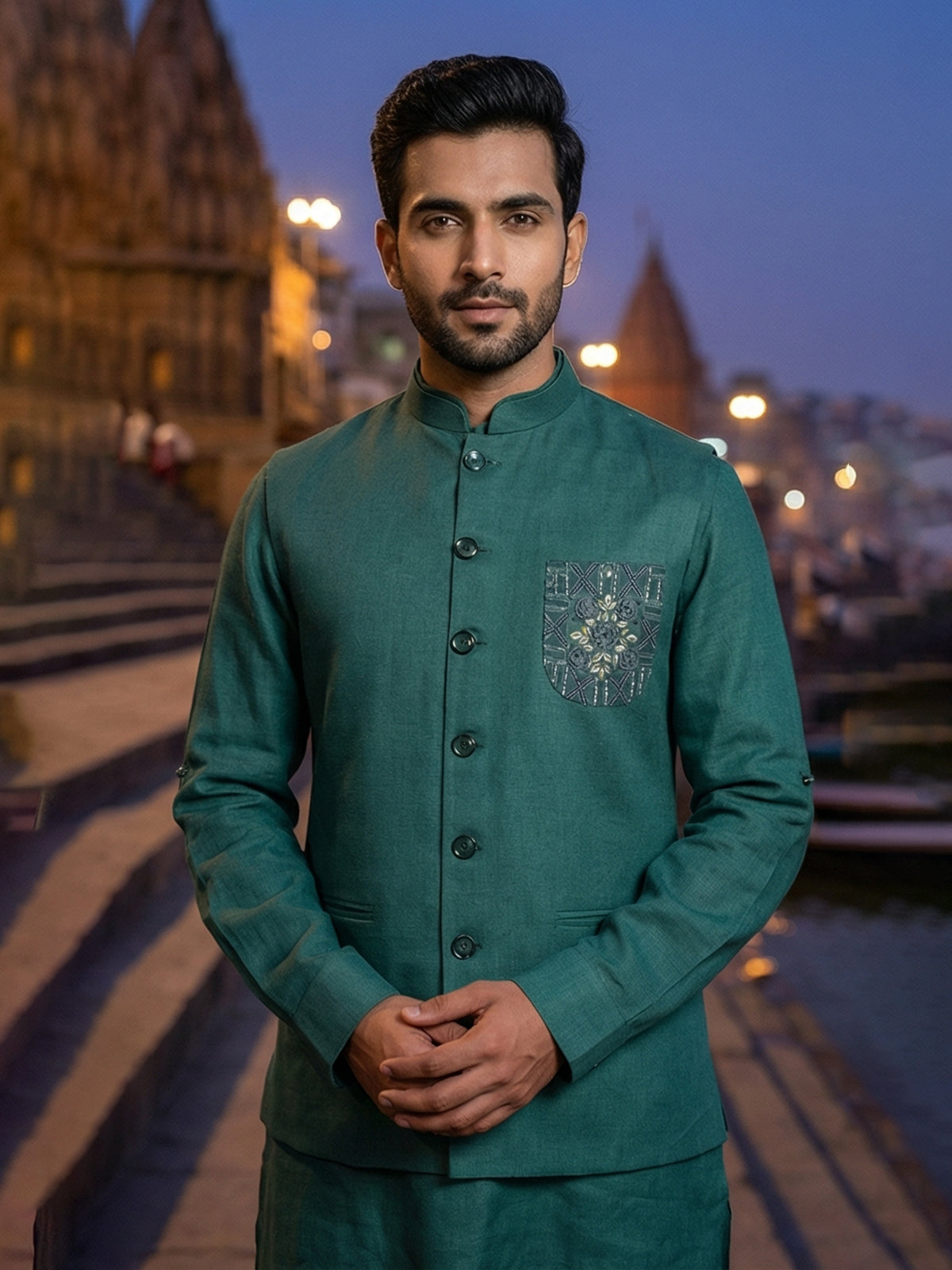 Green cotton blend embellished festive waistcoat set