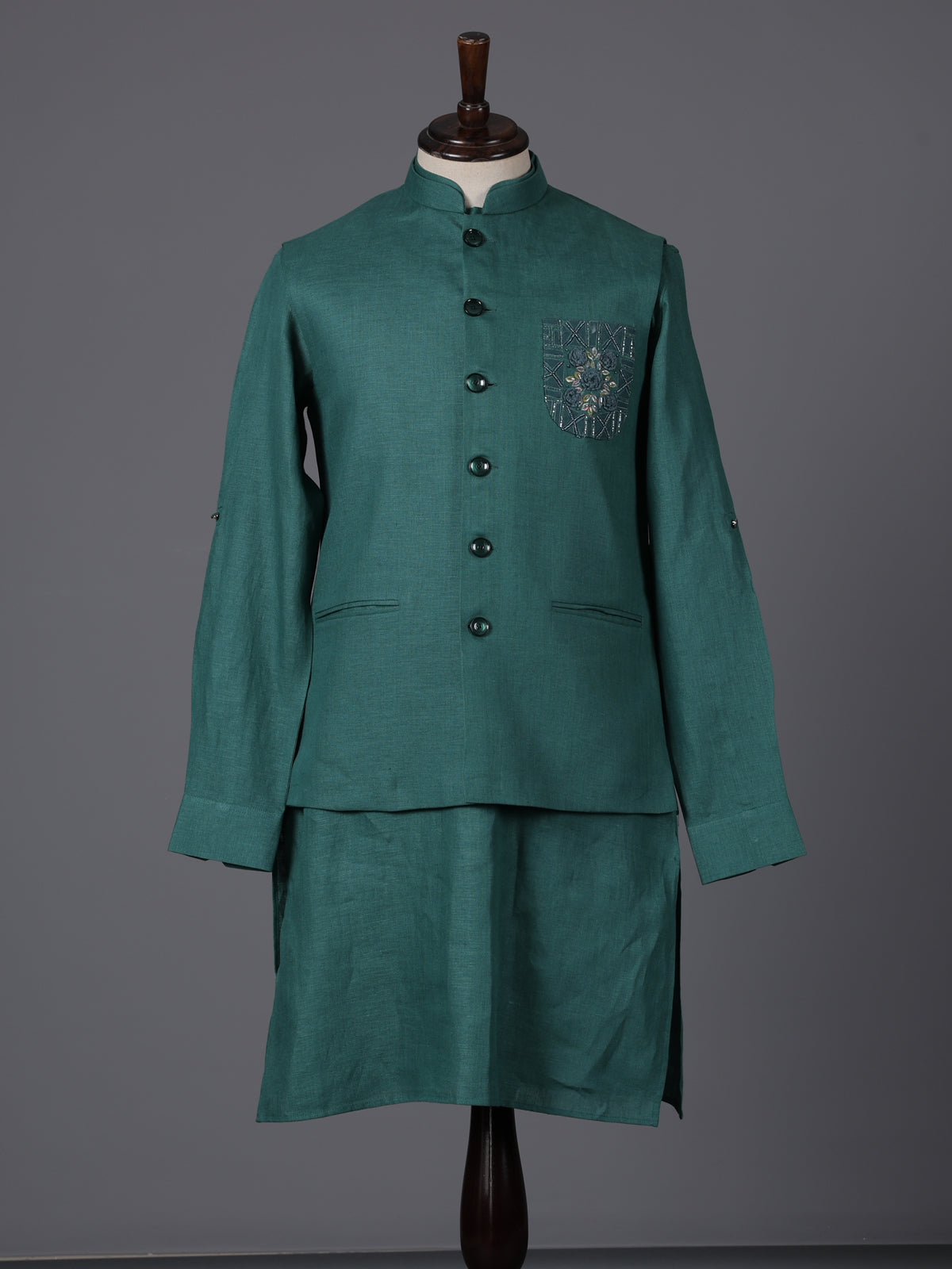 Green cotton blend embellished festive waistcoat set