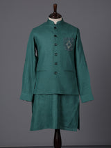 Green cotton blend embellished festive waistcoat set