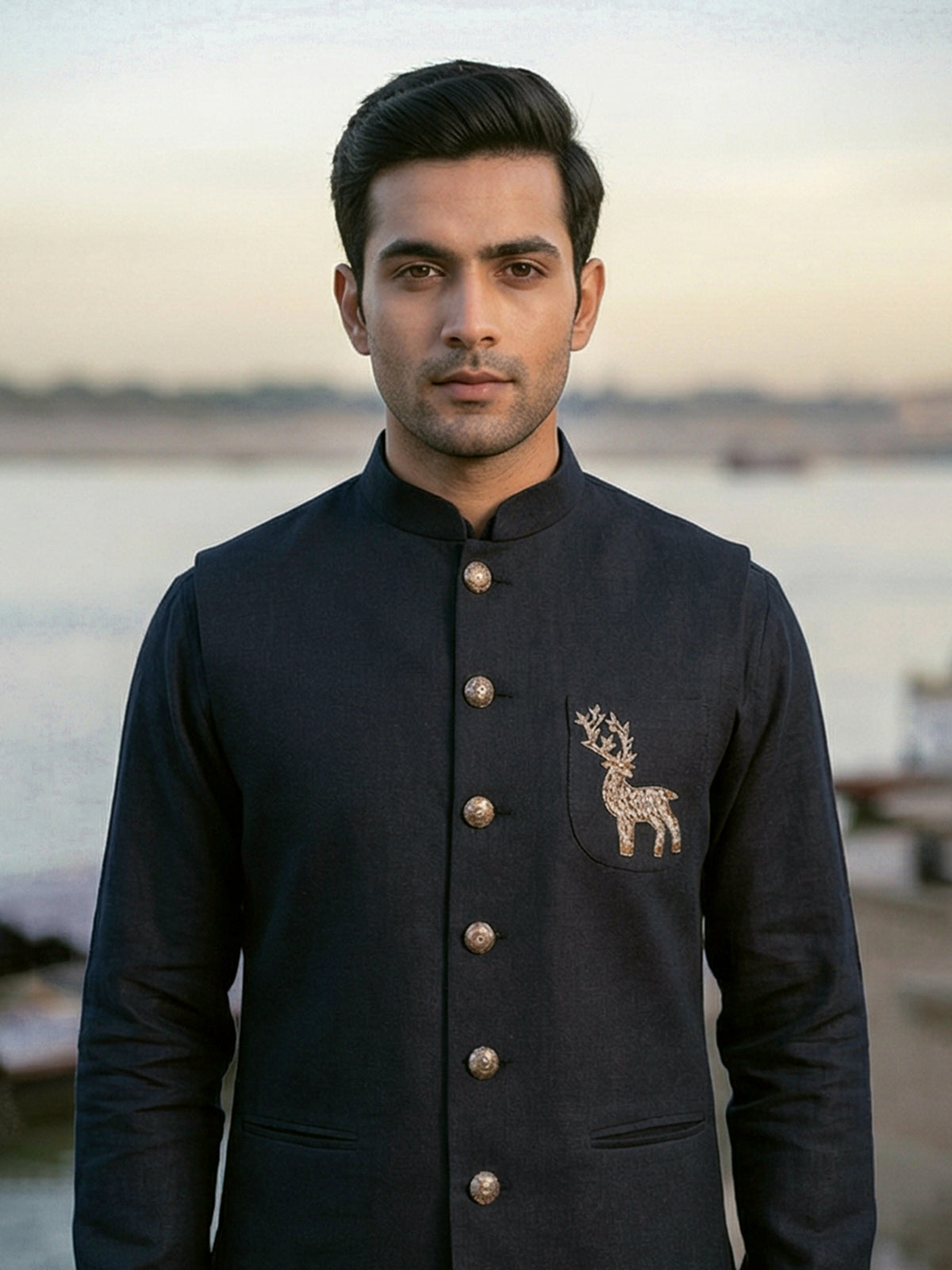 Navy cotton blend zardosi deer motif festive waistcoat