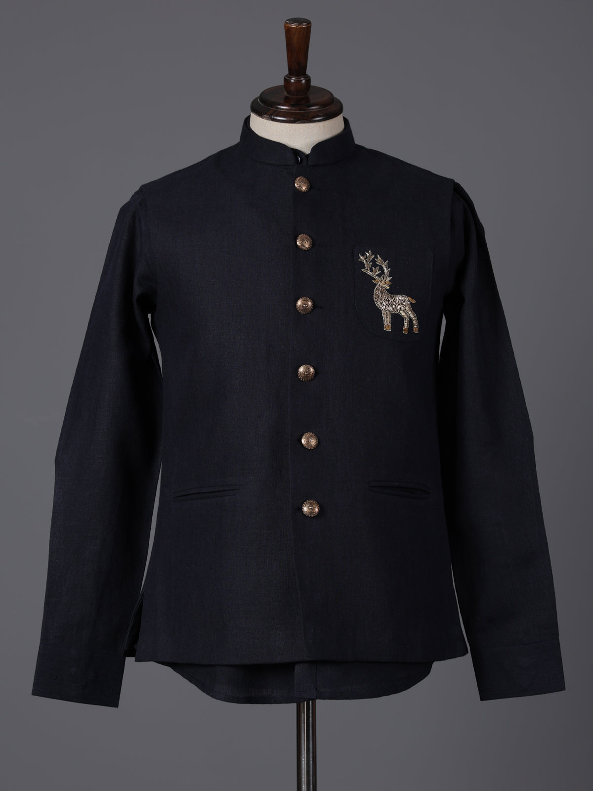 Navy cotton blend zardosi deer motif festive waistcoat
