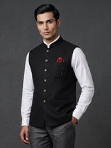 Black cotton textured embellished festive waistcoat