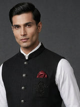 Black cotton textured embellished festive waistcoat