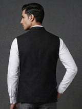 Black cotton textured embellished festive waistcoat