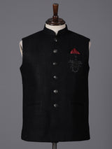 Black cotton textured embellished festive waistcoat