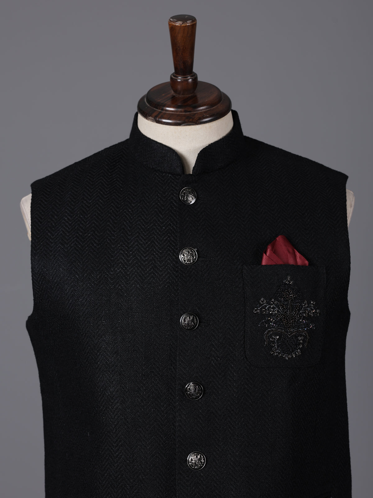Black cotton textured embellished festive waistcoat
