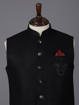 Black cotton textured embellished festive waistcoat