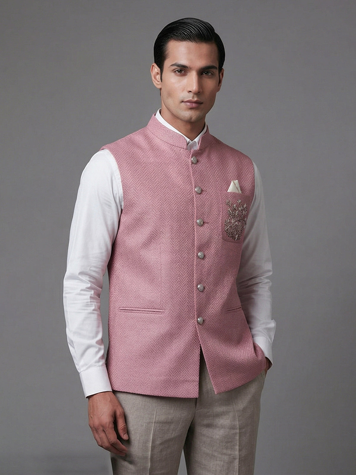 Onion pink cotton textured festive embellished waistcoat