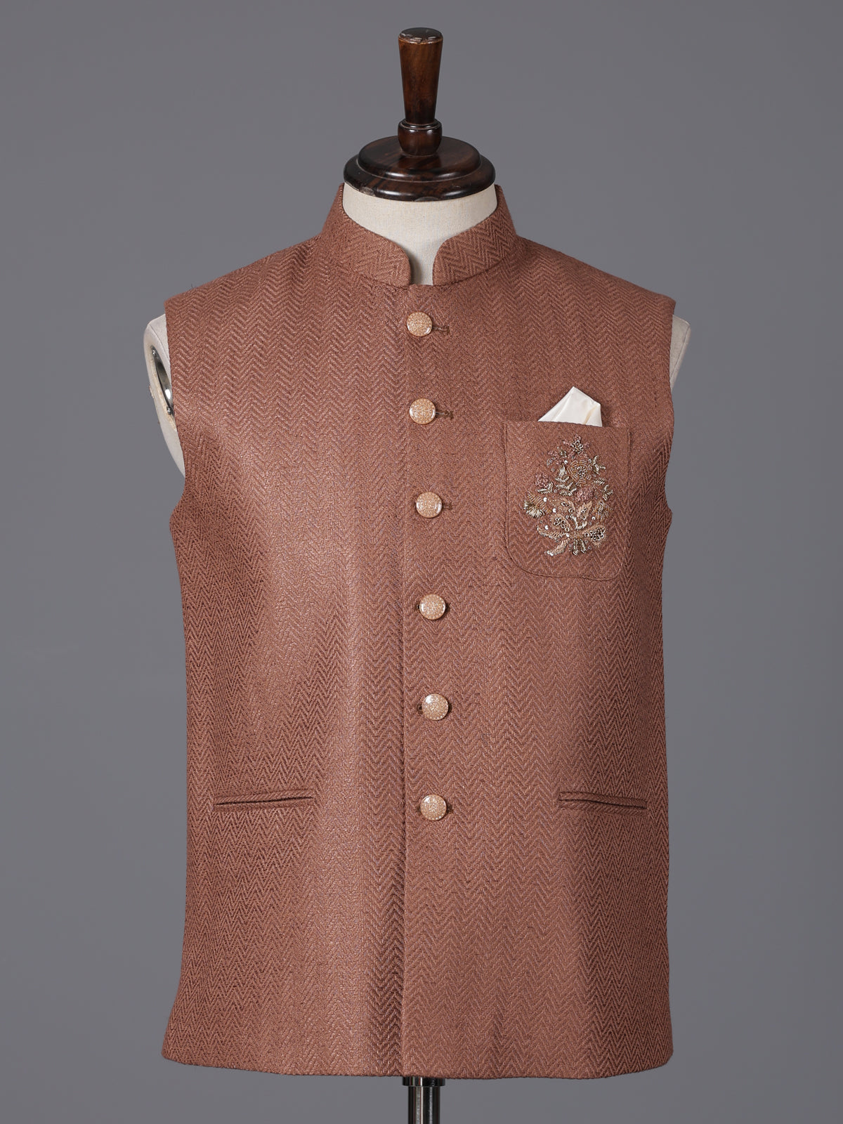 Light brown cotton textured festive zardosi waistcoat
