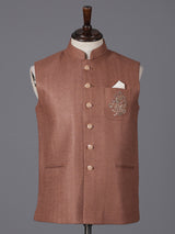 Light brown cotton textured festive zardosi waistcoat