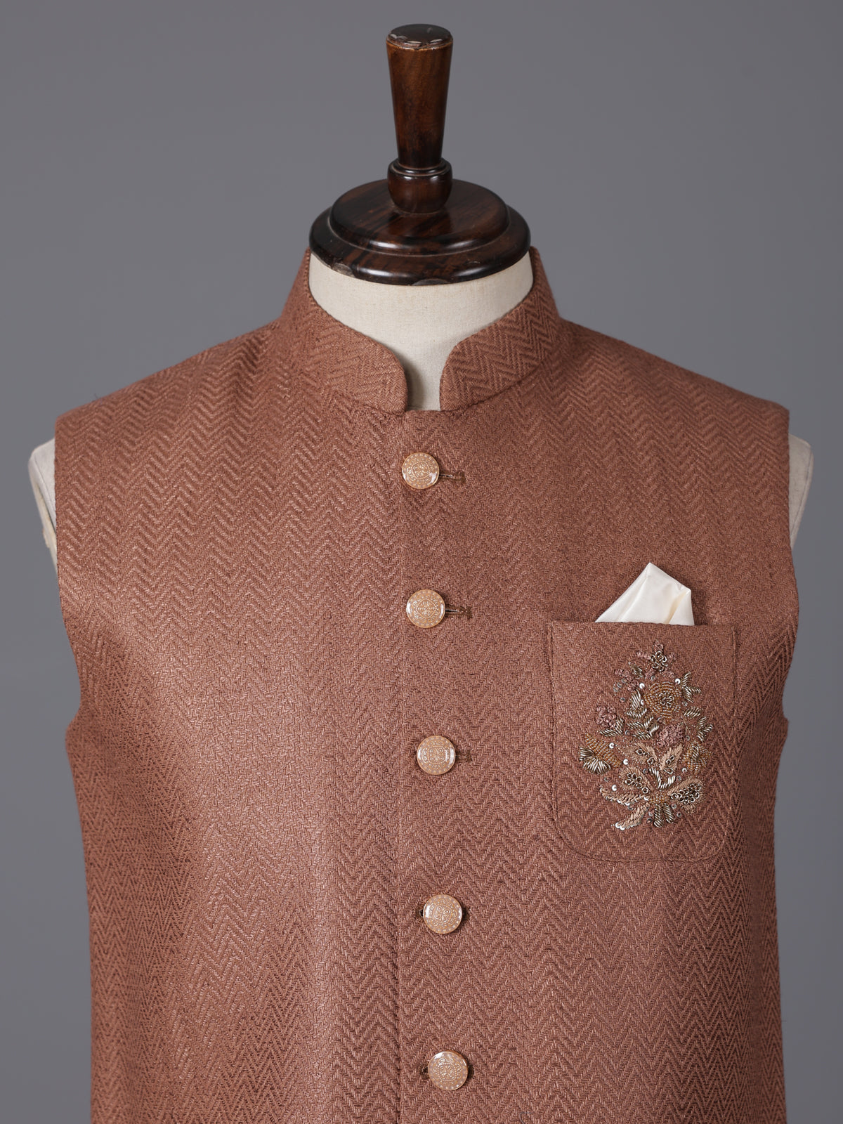 Light brown cotton textured festive zardosi waistcoat