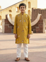 Mustard yellow cotton linen thread work festive boys kurta set