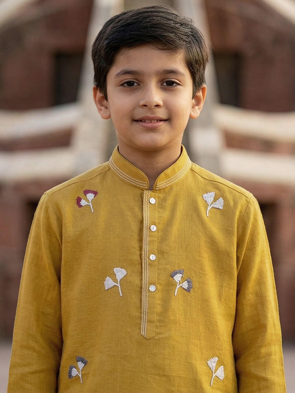 Mustard yellow cotton linen thread work festive boys kurta set