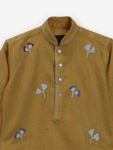 Mustard yellow cotton linen thread work festive boys kurta set