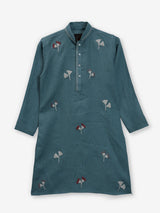 Stone blue cotton linen thread work festive boys kurta set