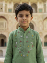 Pista green cotton linen embroidered festive boys kurta set