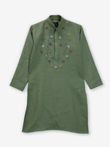 Pista green cotton linen embroidered festive boys kurta set