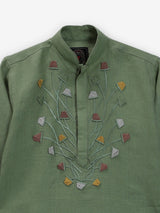 Pista green cotton linen embroidered festive boys kurta set